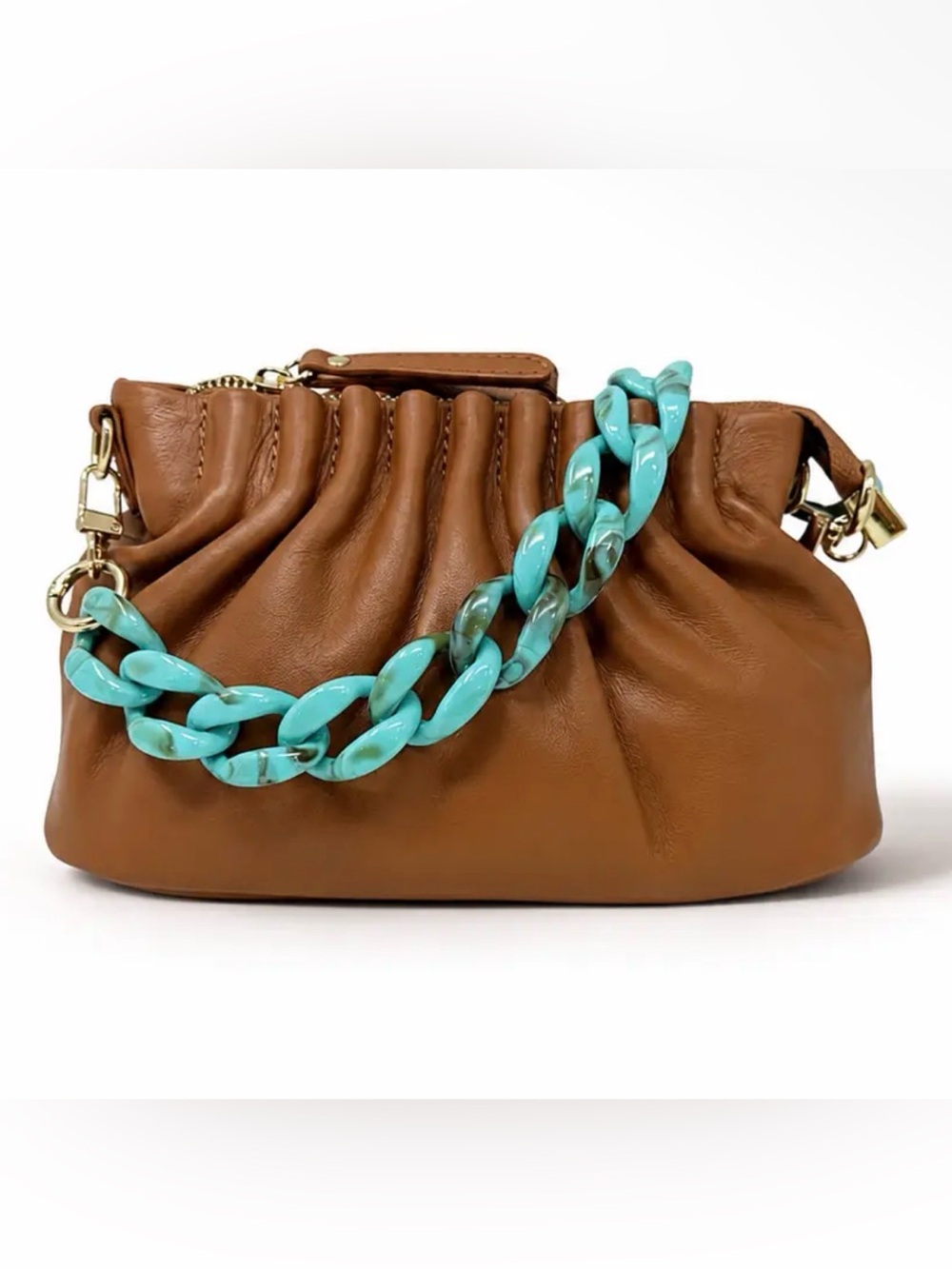 German Fuentes Italian camel ruched turquoise -Handle Bag New